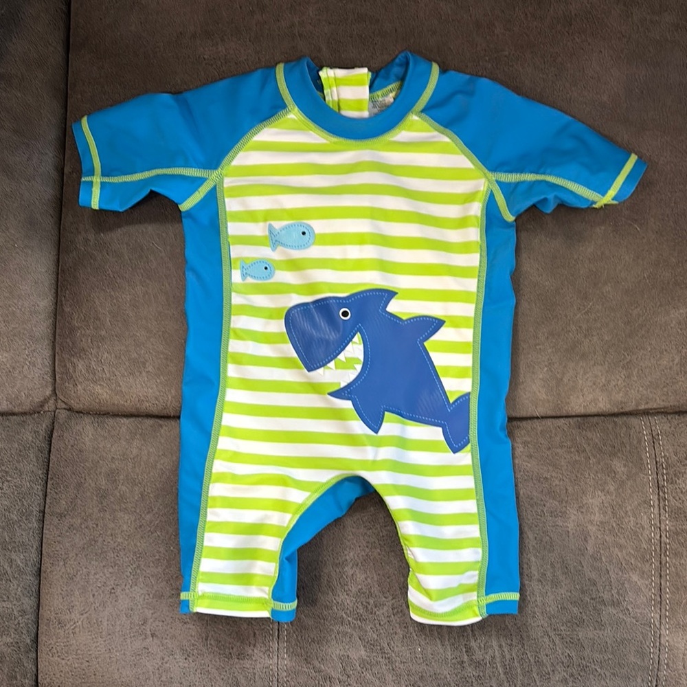 Blue and Green Striped Baby Swimsuit with Shark Design size 0/6 month